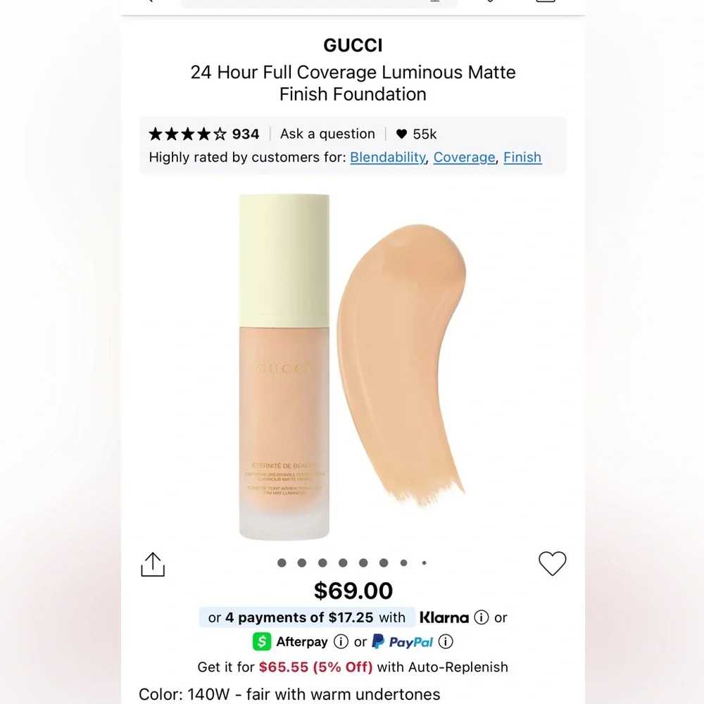 GUCCI 24 Hour Full Coverage Luminous Matte Finish Foundation Shade 132W